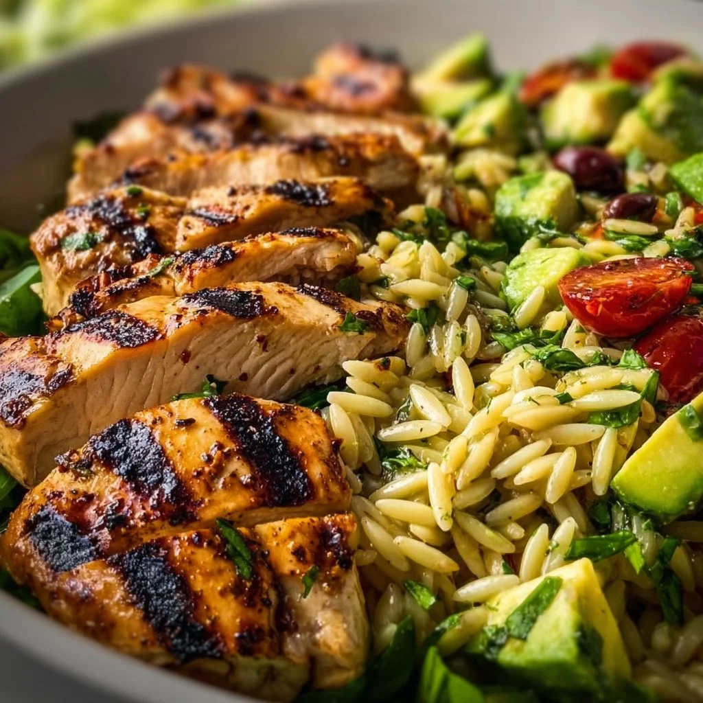 Grilled chicken orzo salad with fresh vegetables in a bowl