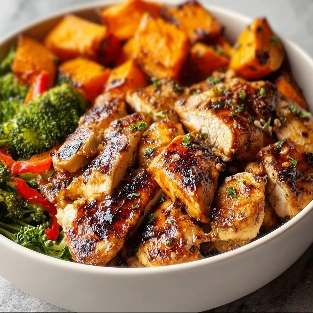 Delicious grilled chicken served with sweet potatoes in a nutritious bowl.