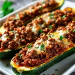 Ground beef stuffed zucchini boats topped with cheese and herbs