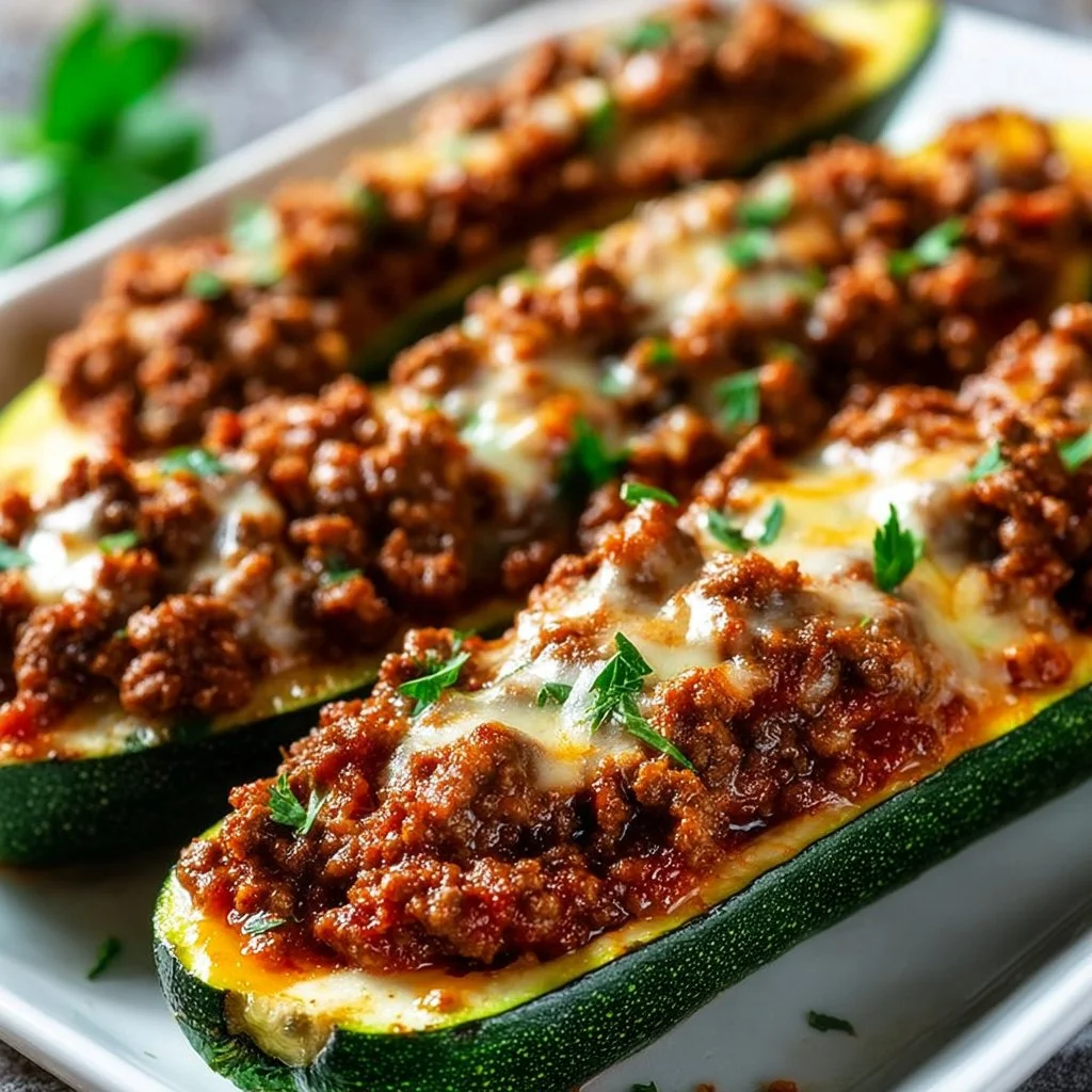 Ground beef stuffed zucchini boats topped with cheese and herbs