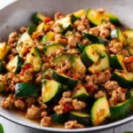Ground Turkey and Zucchini Skillet dish served in a bowl with fresh herbs