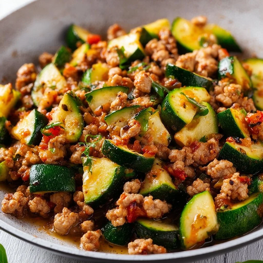 Ground Turkey and Zucchini Skillet dish served in a bowl with fresh herbs