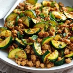 Ground Turkey and Zucchini Skillet dish served in a pan with colorful vegetables