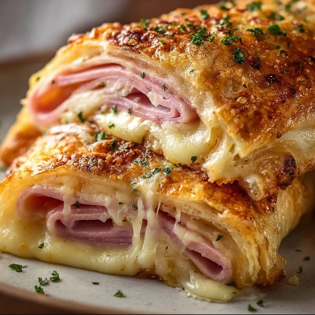 Homemade Ham and Cheese Stromboli sliced and ready to serve.