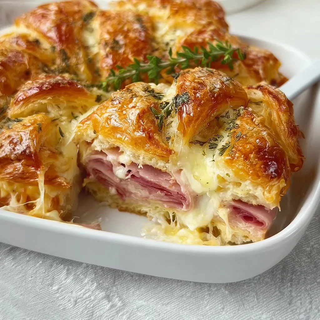 Delicious ham and cheese croissant bake ready to be served, perfect for brunch.