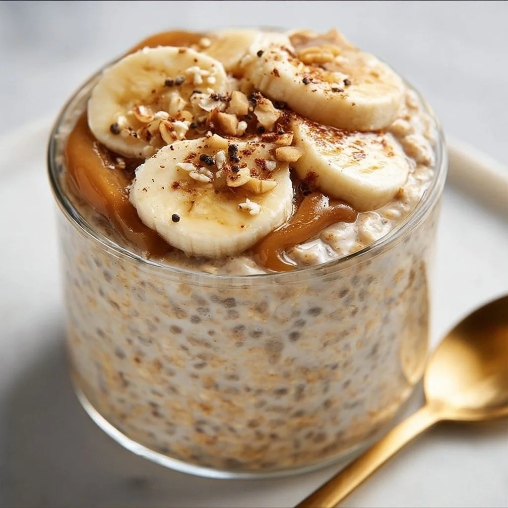 Bowl of healthy banana bread overnight oats topped with slices of banana and nuts