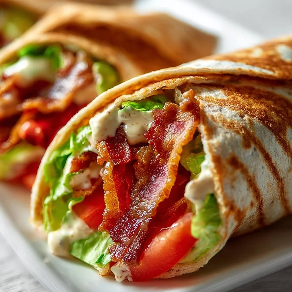 Healthy BLT wraps topped with secret sauce served on a plate
