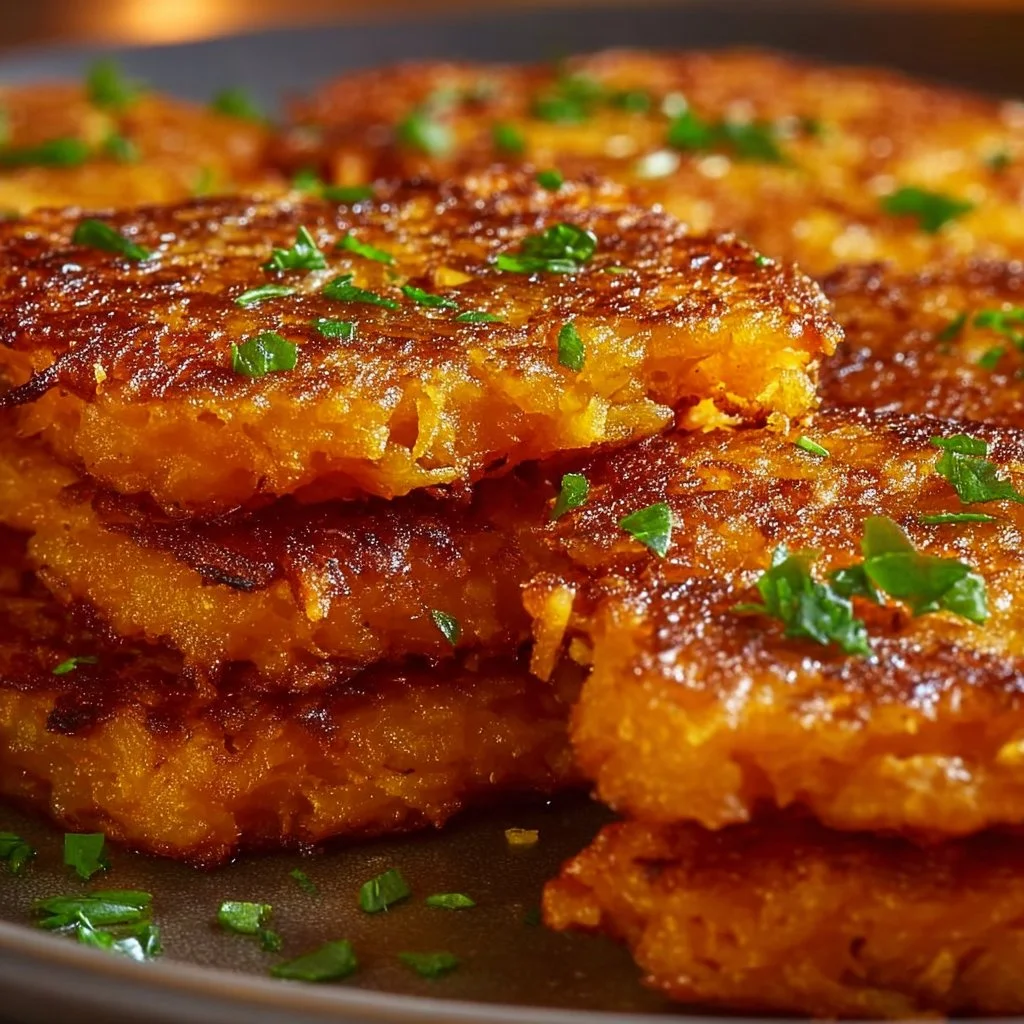 Healthy sweet potato hash browns served on a plate with herbs.