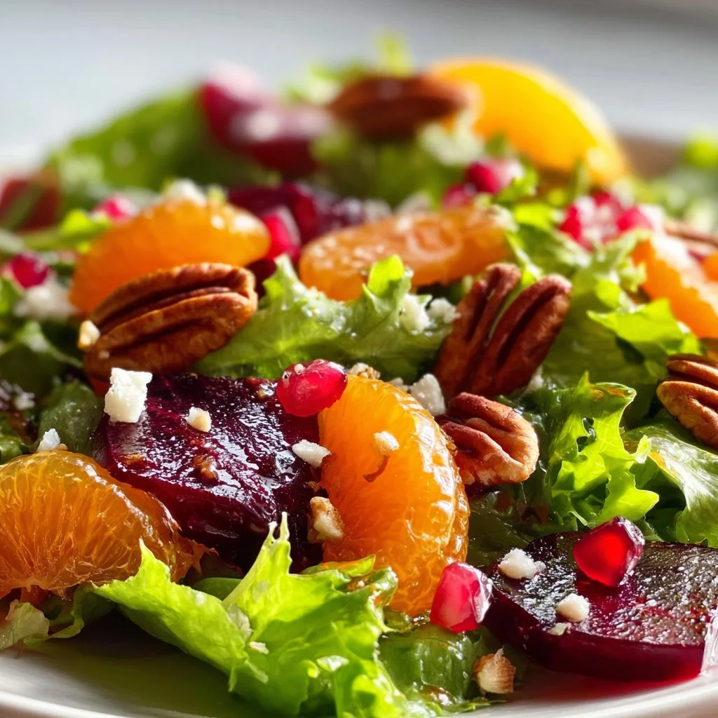 A vibrant healthy winter salad with fresh greens and seasonal vegetables.