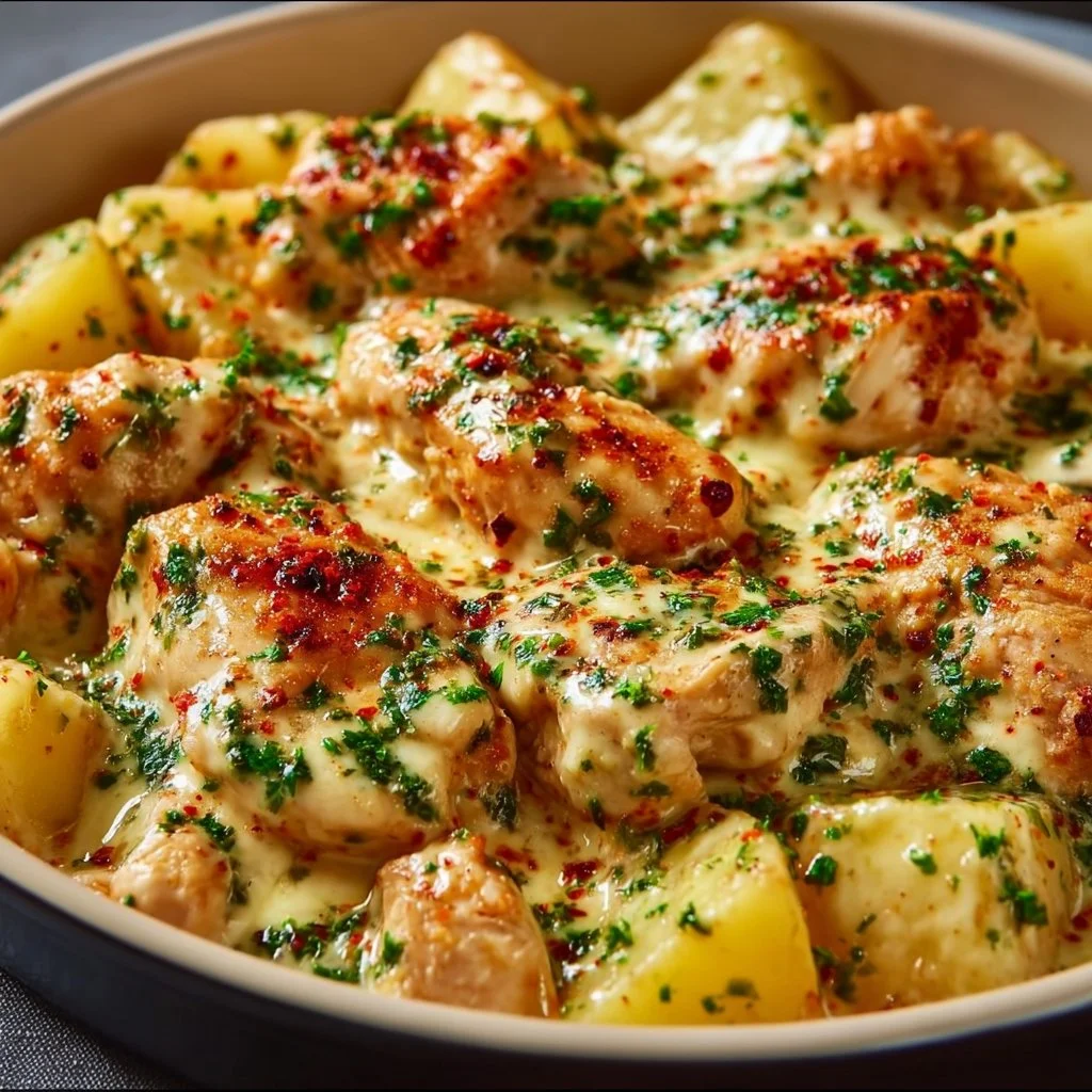 Creamy garlic cheesy chicken and potatoes dish ready to serve.