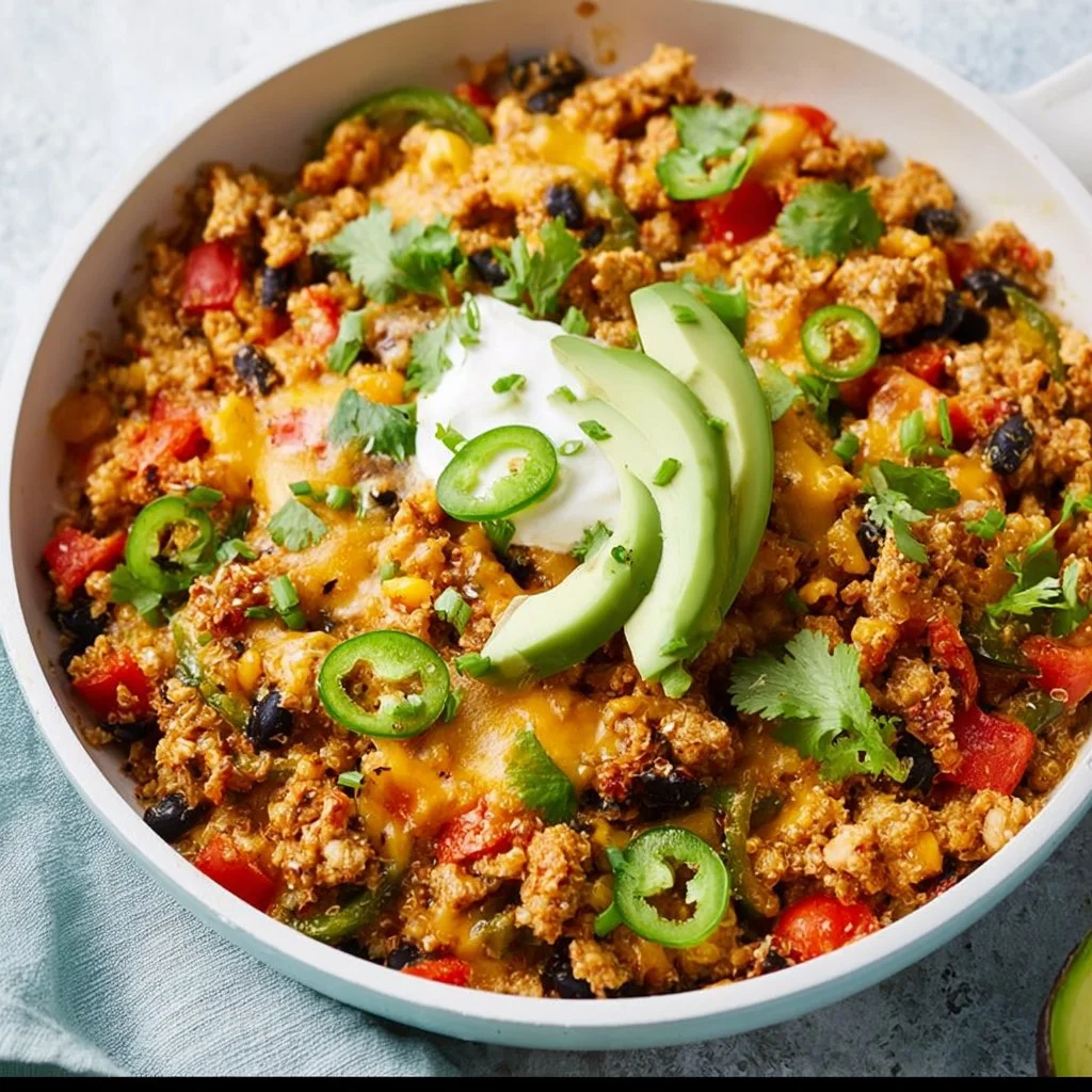 High protein high fiber vegetarian taco skillet featuring fresh ingredients.