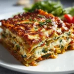 High protein veggie lasagna with colorful vegetables and cheese