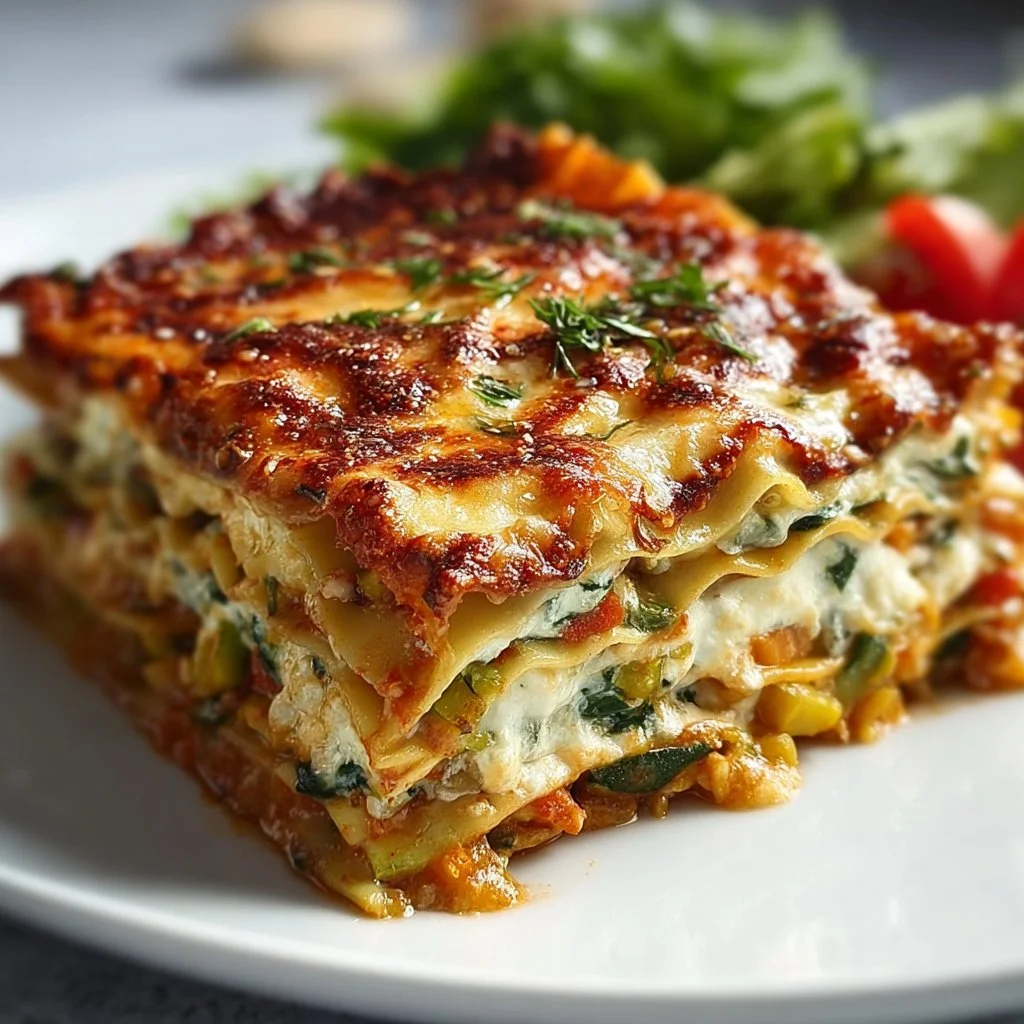 High protein veggie lasagna with colorful vegetables and cheese