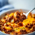 Delicious Hobo Casserole with ground beef and vegetables in a baking dish.