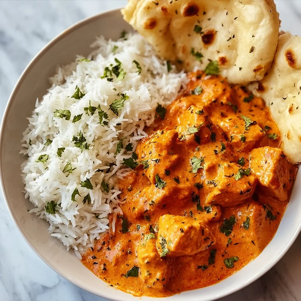 Delicious homemade butter chicken served with rice and naan bread
