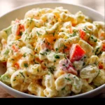 Bowl of homemade macaroni salad with vegetables and dressing