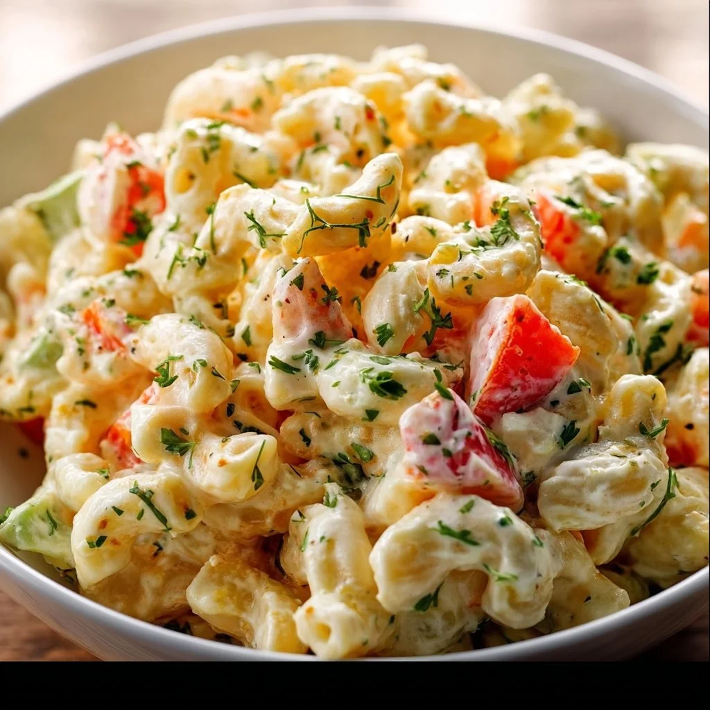 Bowl of homemade macaroni salad with vegetables and dressing
