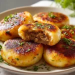 Homemade meat stuffed potato cakes on a plate garnished with herbs