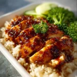 Delicious Honey BBQ Chicken Rice served in a bowl with garnishes.