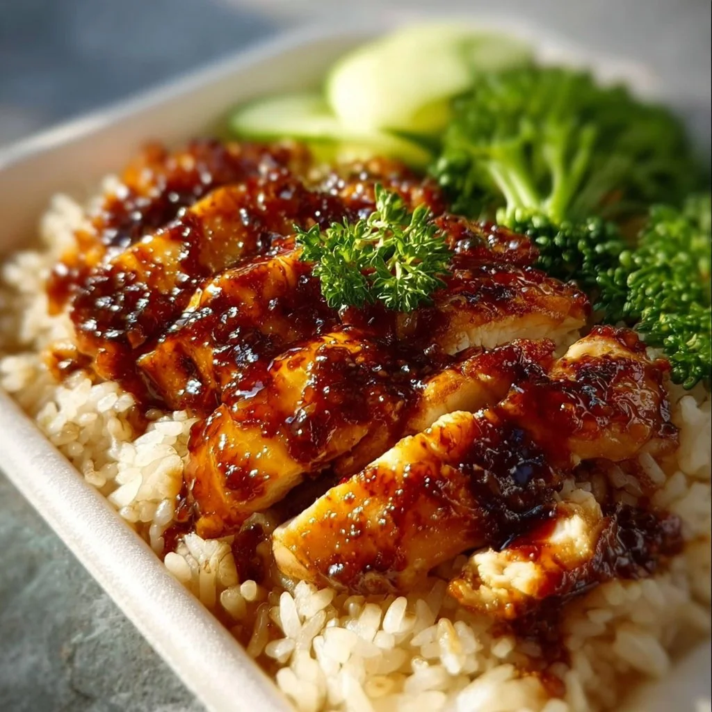 Delicious Honey BBQ Chicken Rice served in a bowl with garnishes.