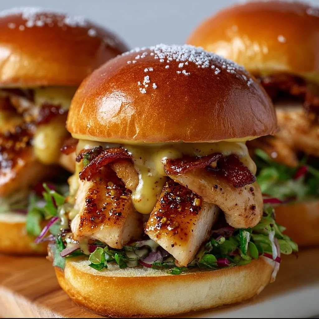 Honey Mustard Chicken Sliders served on a platter with fresh toppings