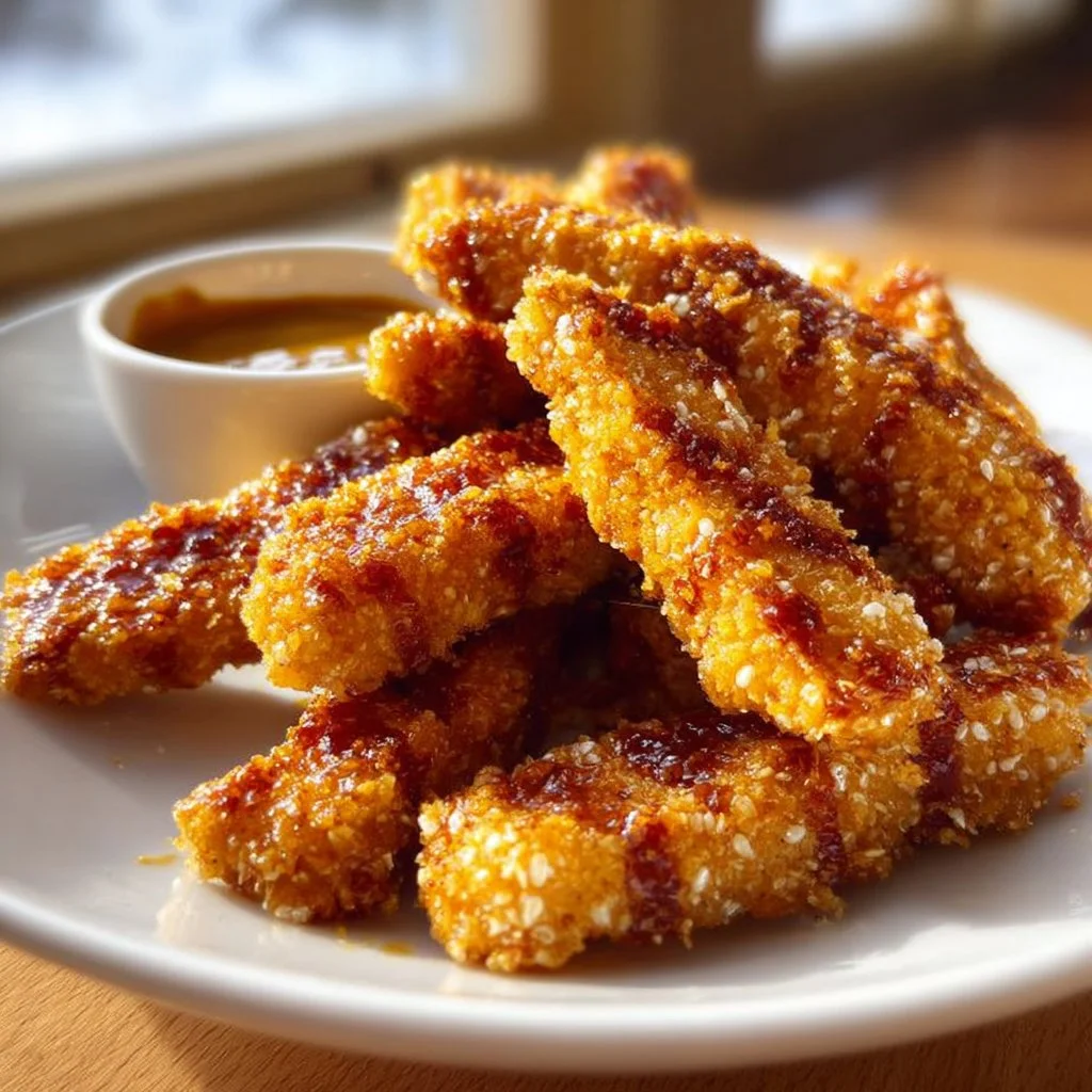 Golden brown Honey Mustard Tofu Tenders served on a plate with dipping sauce.