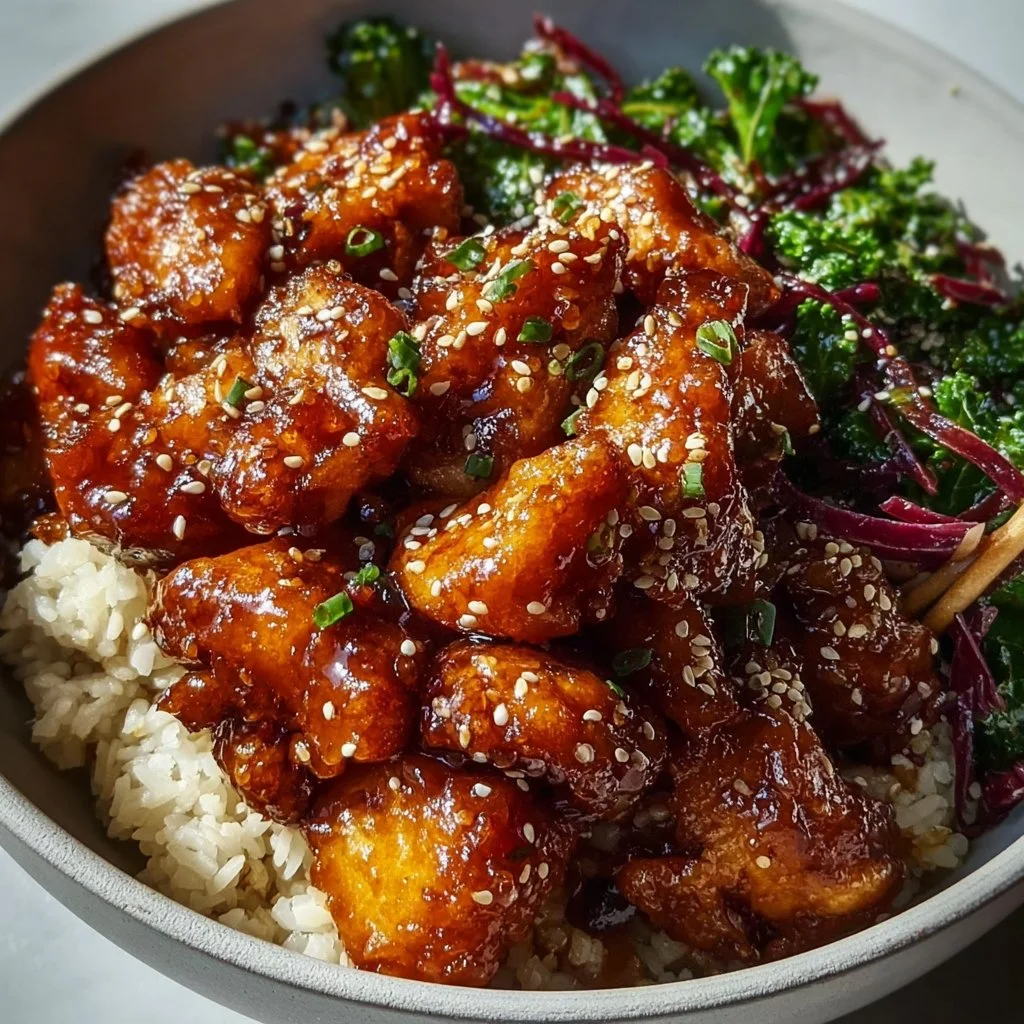 Hot Honey Chicken Bowl featuring sweet and spicy honey chicken with vegetables and rice.