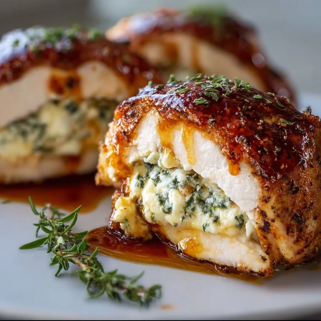 Hot Honey Ricotta Stuffed Chicken garnished with herbs