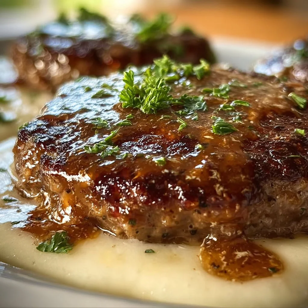 Delicious Amish Hamburger Steak served with sides on a rustic plate