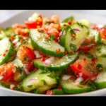 Italian cucumber salad with fresh herbs and tomatoes served in a bowl.