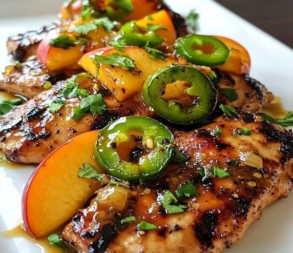 Delicious jalapeño peach chicken served with fresh herbs