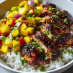 Delicious jerk chicken bowl topped with mango salsa