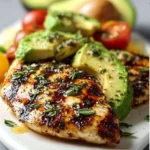 Juicy grilled chicken breast with fresh California avocado slices