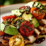 Juicy grilled avocado chicken dish garnished with fresh herbs and served on a plate.