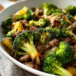 Keto Hamburger Broccoli Skillet with vegetables in a skillet