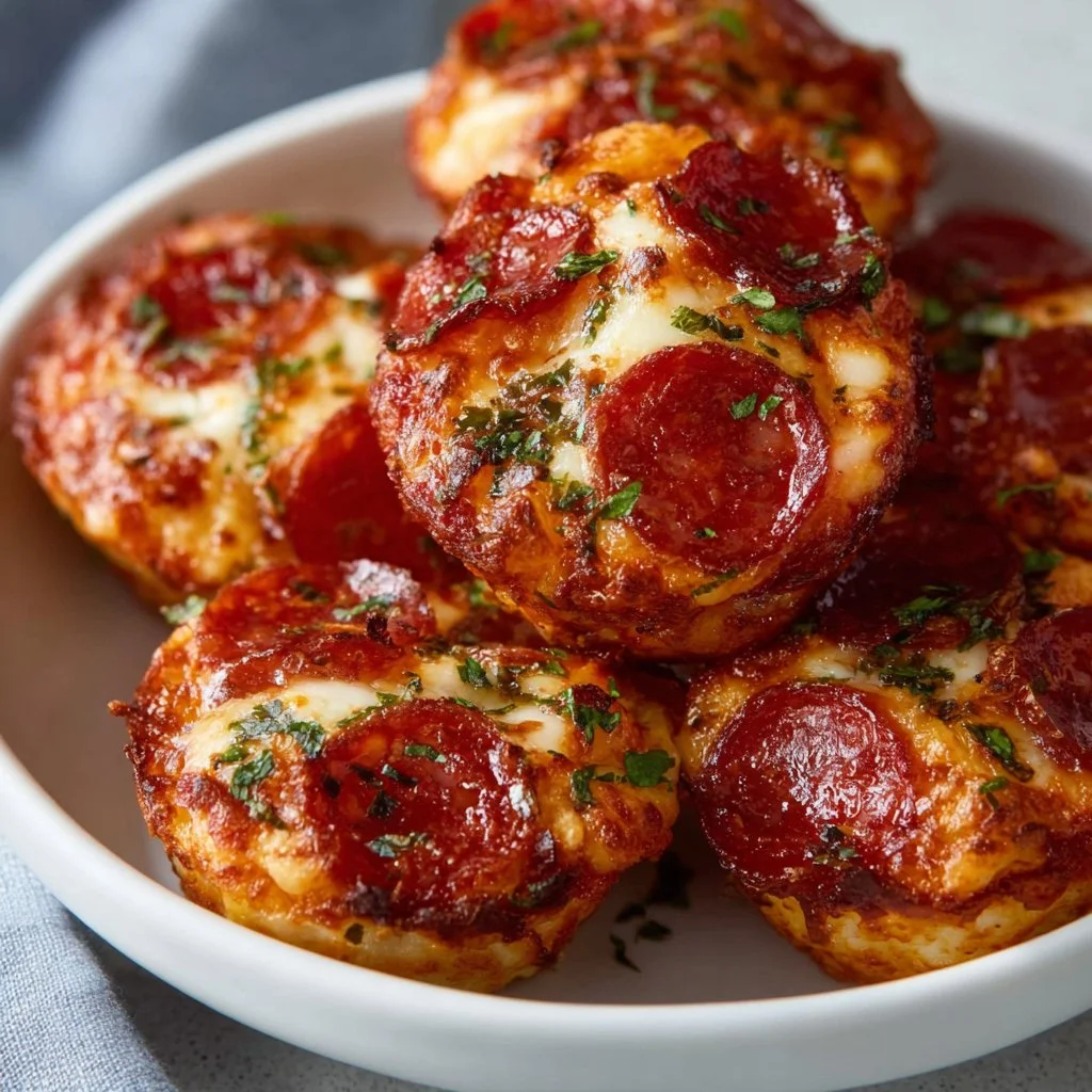 Homemade keto pepperoni pizza bites on a plate ready to be enjoyed.