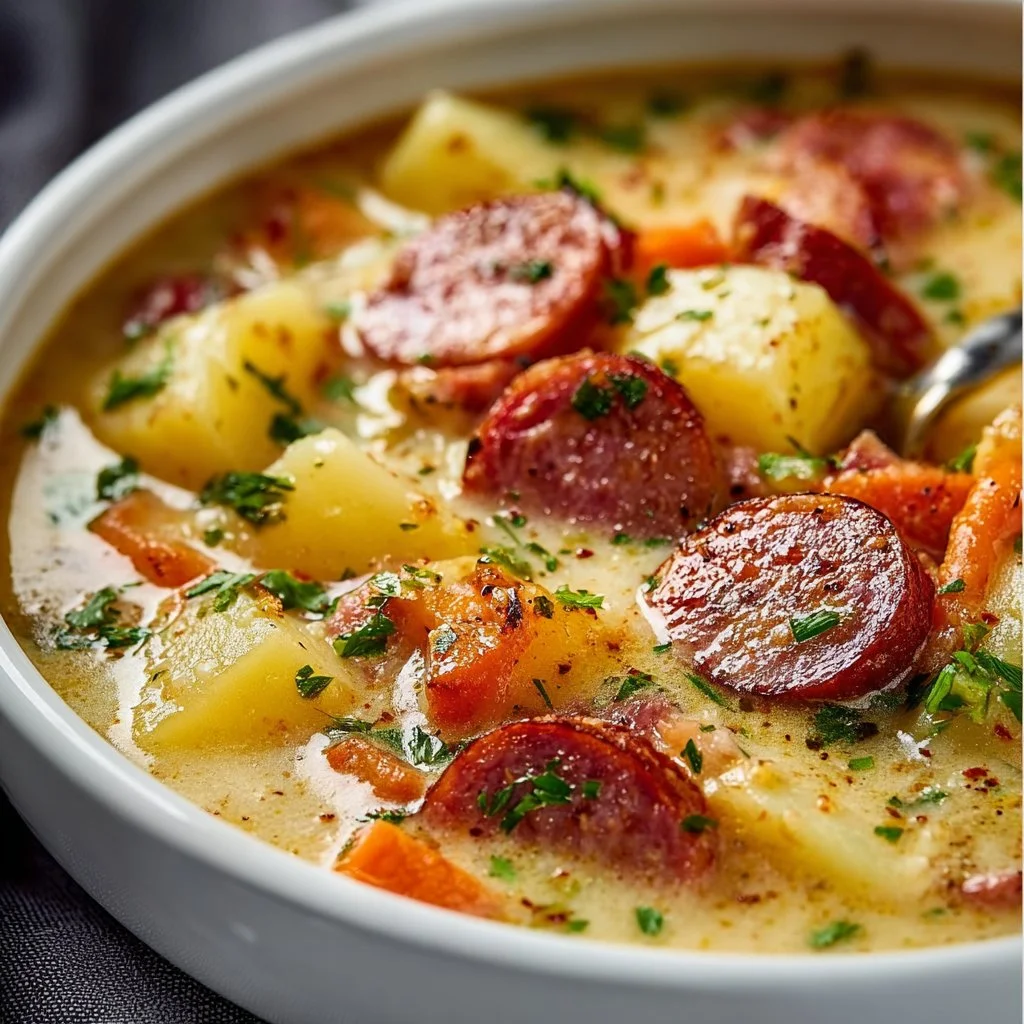 Delicious bowl of Kielbasa Potato Soup garnished with herbs