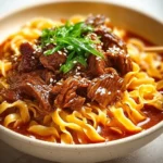 Delicious bowl of Korean beef noodles with tender beef and fresh vegetables.