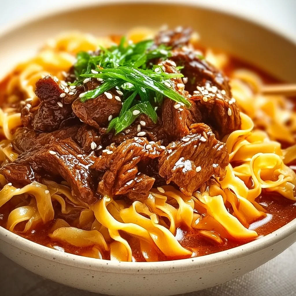 Delicious bowl of Korean beef noodles with tender beef and fresh vegetables.