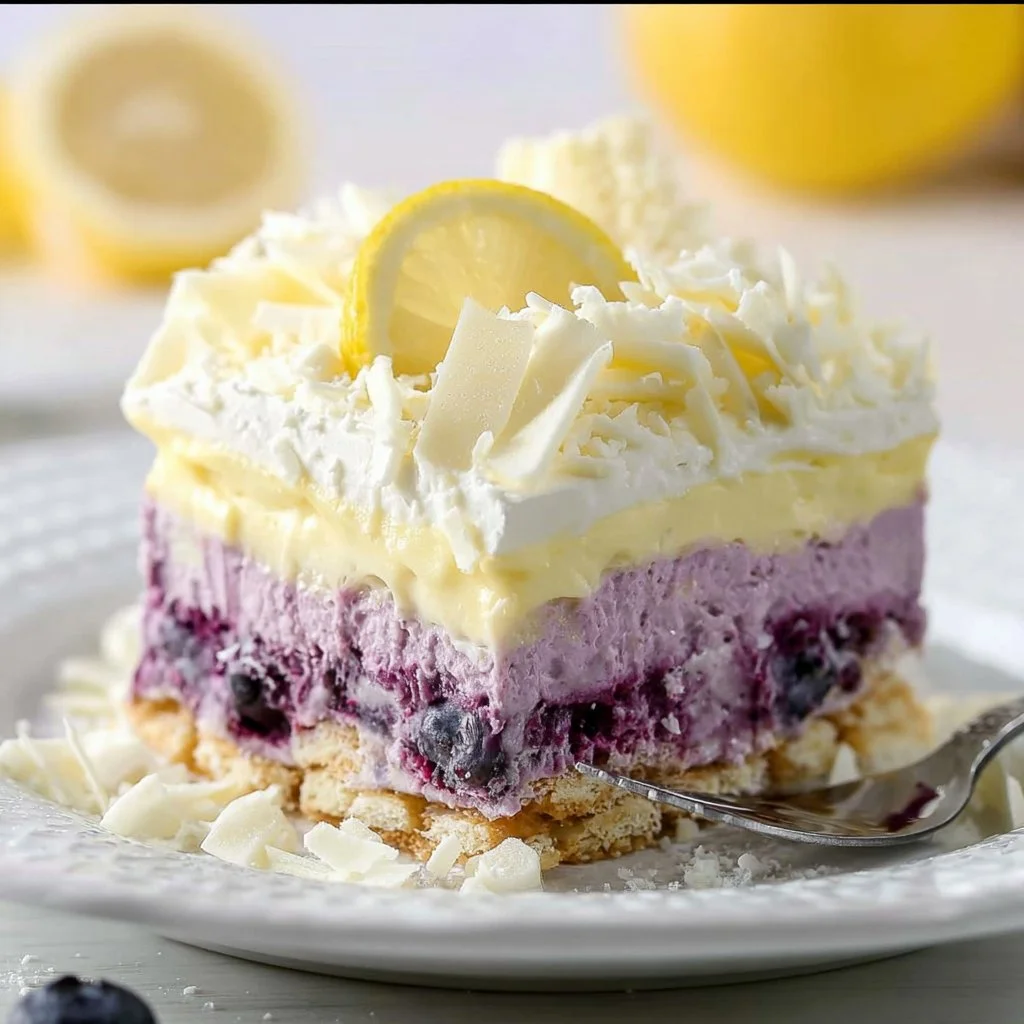 A delicious slice of Lemon Blueberry Lasagna showcasing vibrant layers of lemon and blueberry.