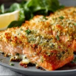 Lemon Parmesan Crusted Salmon 4 Lemon Parmesan Crusted Salmon dish garnished for a healthy meal.