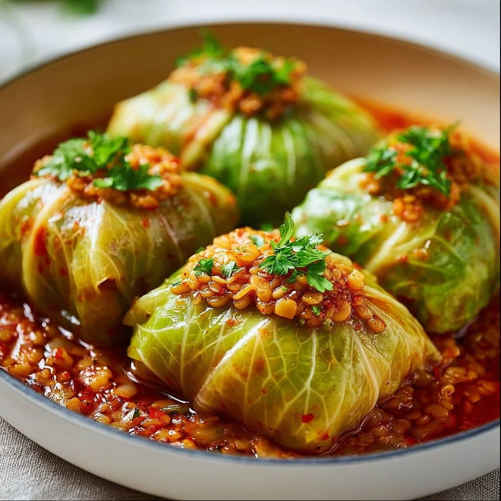 Lentil and rice stuffed cabbage rolls topped with tomato sauce