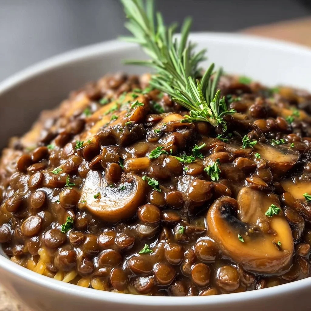 Delicious bowl of Lentil Mushroom Stroganoff topped with fresh herbs