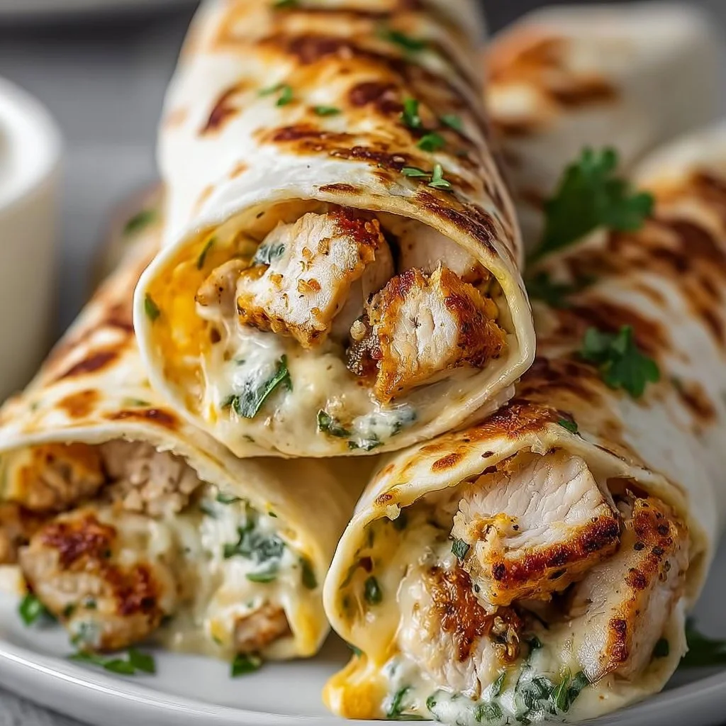 Low carb cheesy garlic chicken wraps served on a plate with fresh herbs