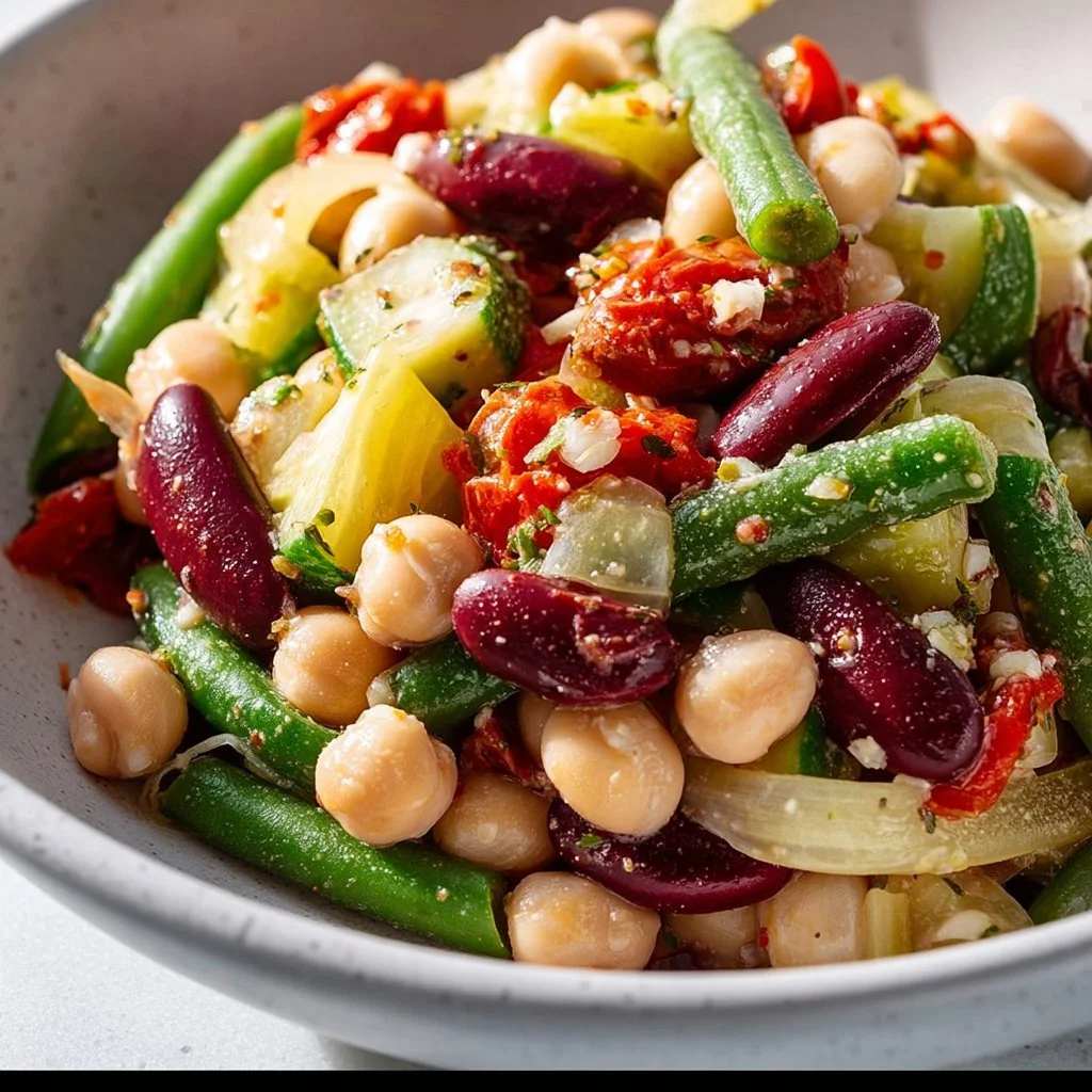Mediterranean 3 bean salad featuring colorful beans and fresh vegetables