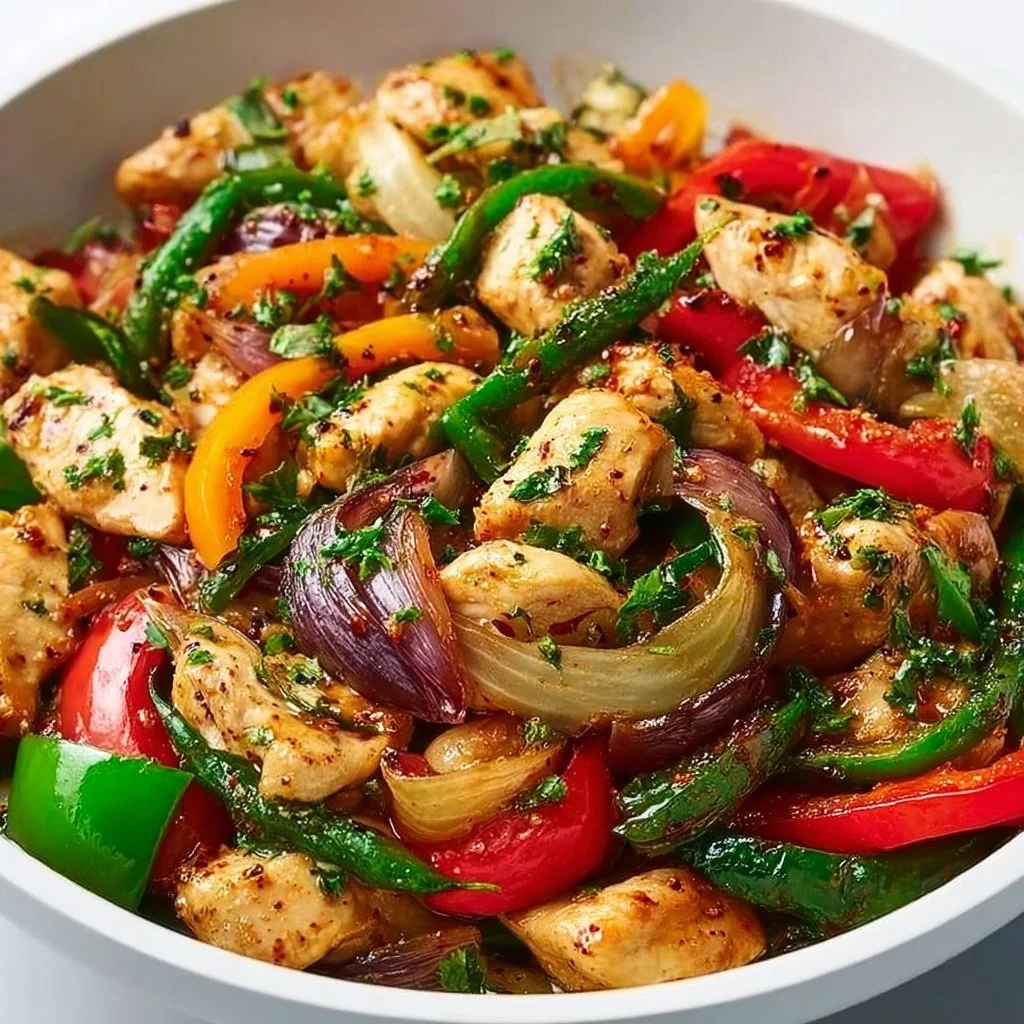 Mediterranean Chicken Stir Fry with colorful vegetables and herbs
