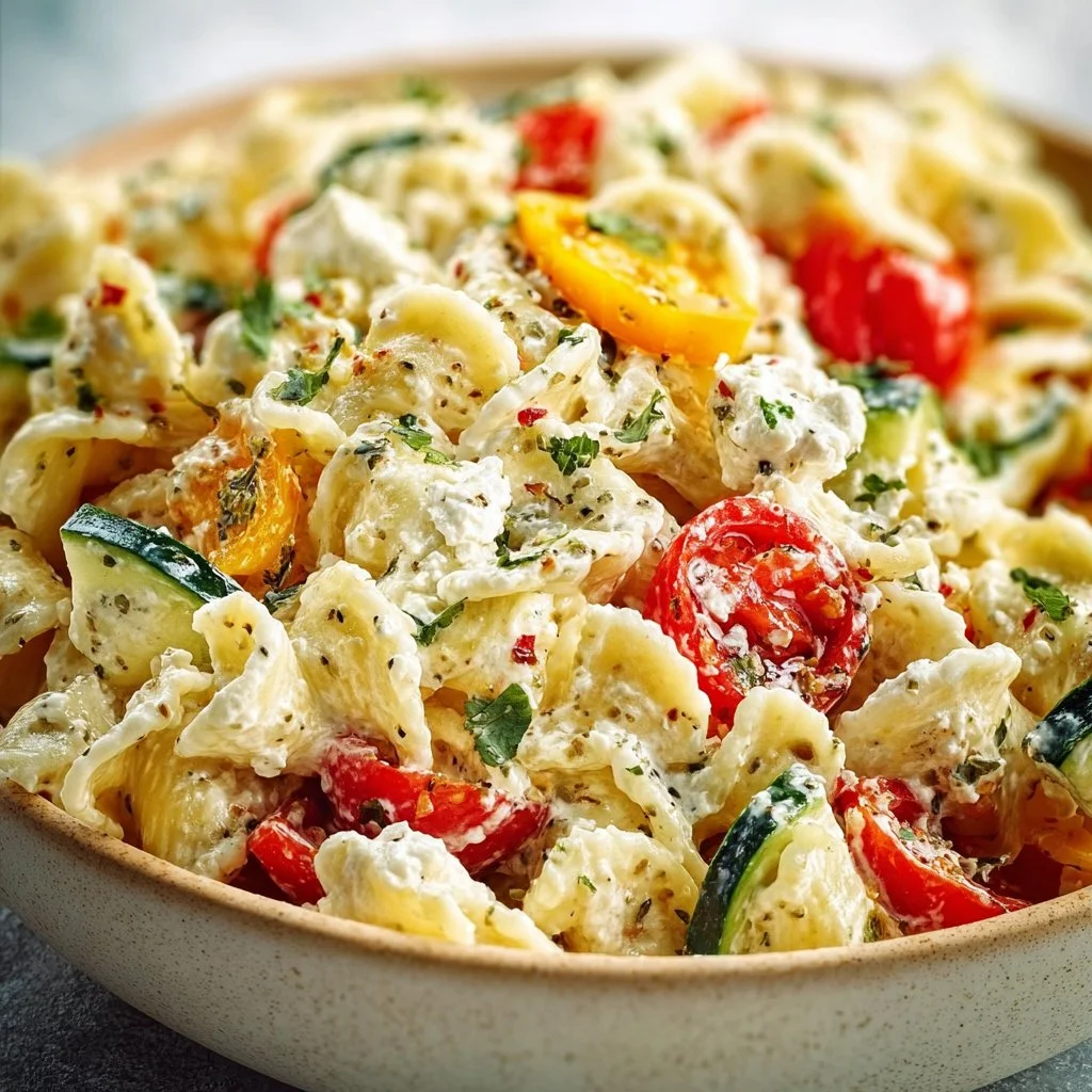 Mediterranean Cottage Cheese Pasta Salad with fresh vegetables and herbs