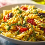 Bowl of Mediterranean Pasta with fresh vegetables and herbs