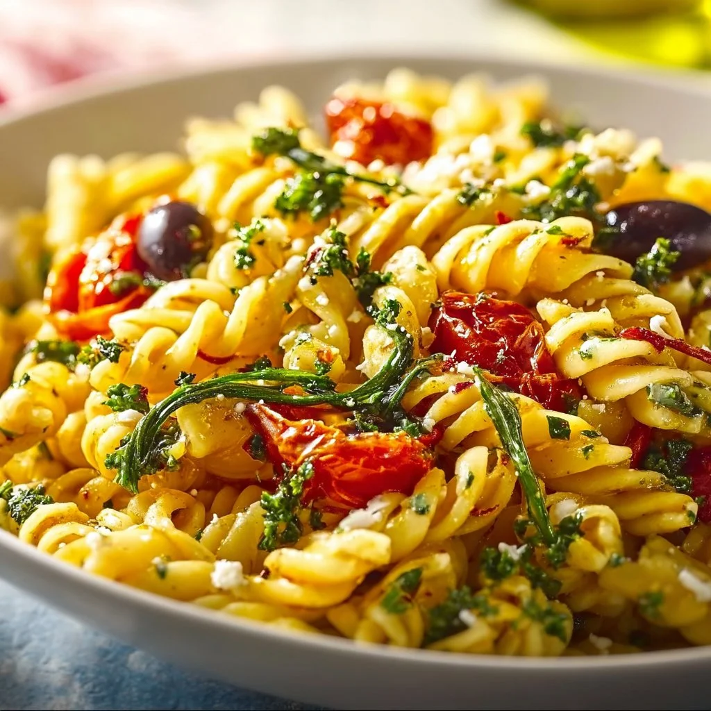 Bowl of Mediterranean Pasta with fresh vegetables and herbs