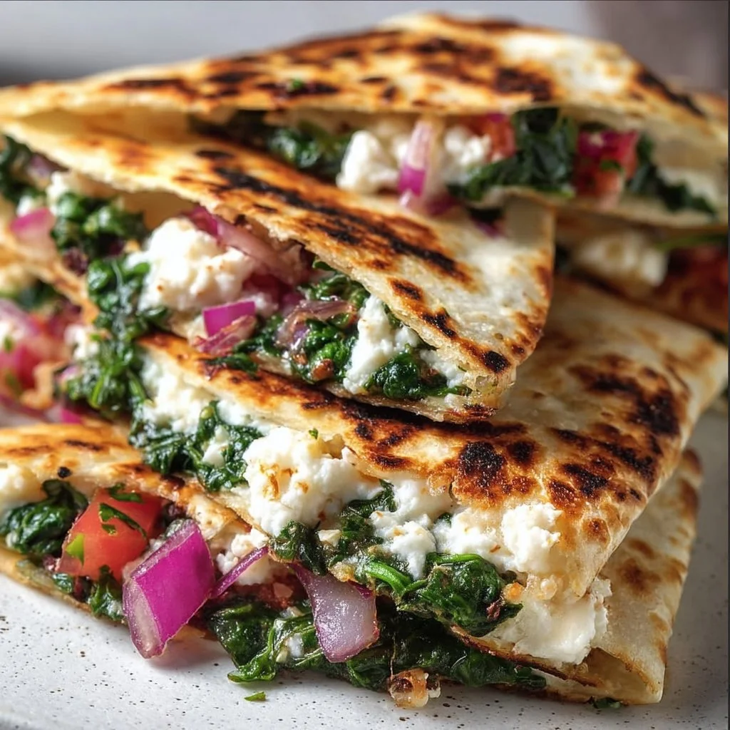 Mediterranean Quesadillas with spinach, filled with fresh ingredients and flavors.